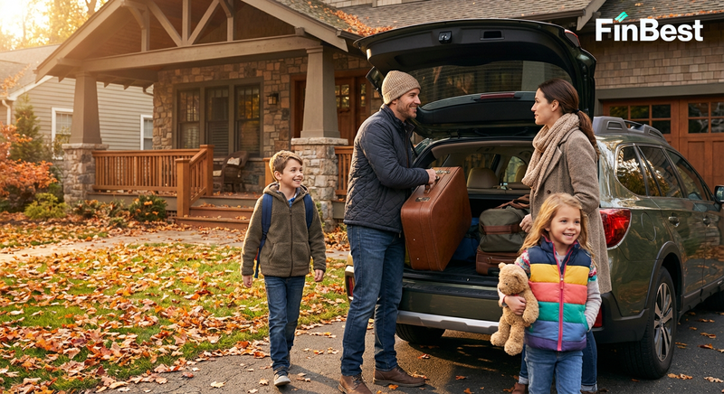 Українська родина пакує валізи біля авто перед поїздкою. Українська родина пакує валізи біля авто перед поїздкою.