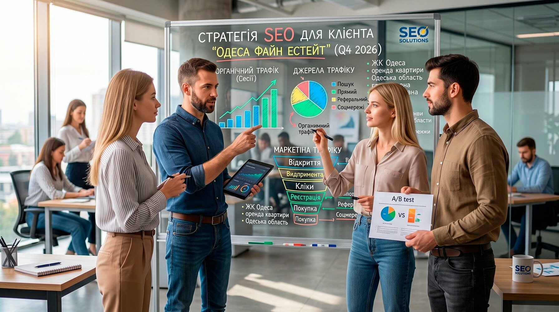 Команда digital-агентства обговорює стратегію комплексного просування сайту Команда digital-агентства обговорює стратегію комплексного просування сайту